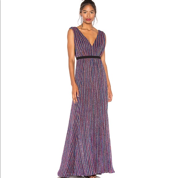 bcbg metallic stripe pleated gown